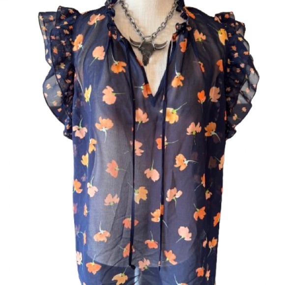 CAbi Tops - CAbi Sunset Kiss Navy Floral Sheer Blouse with Ruffle Sleeves- Medium